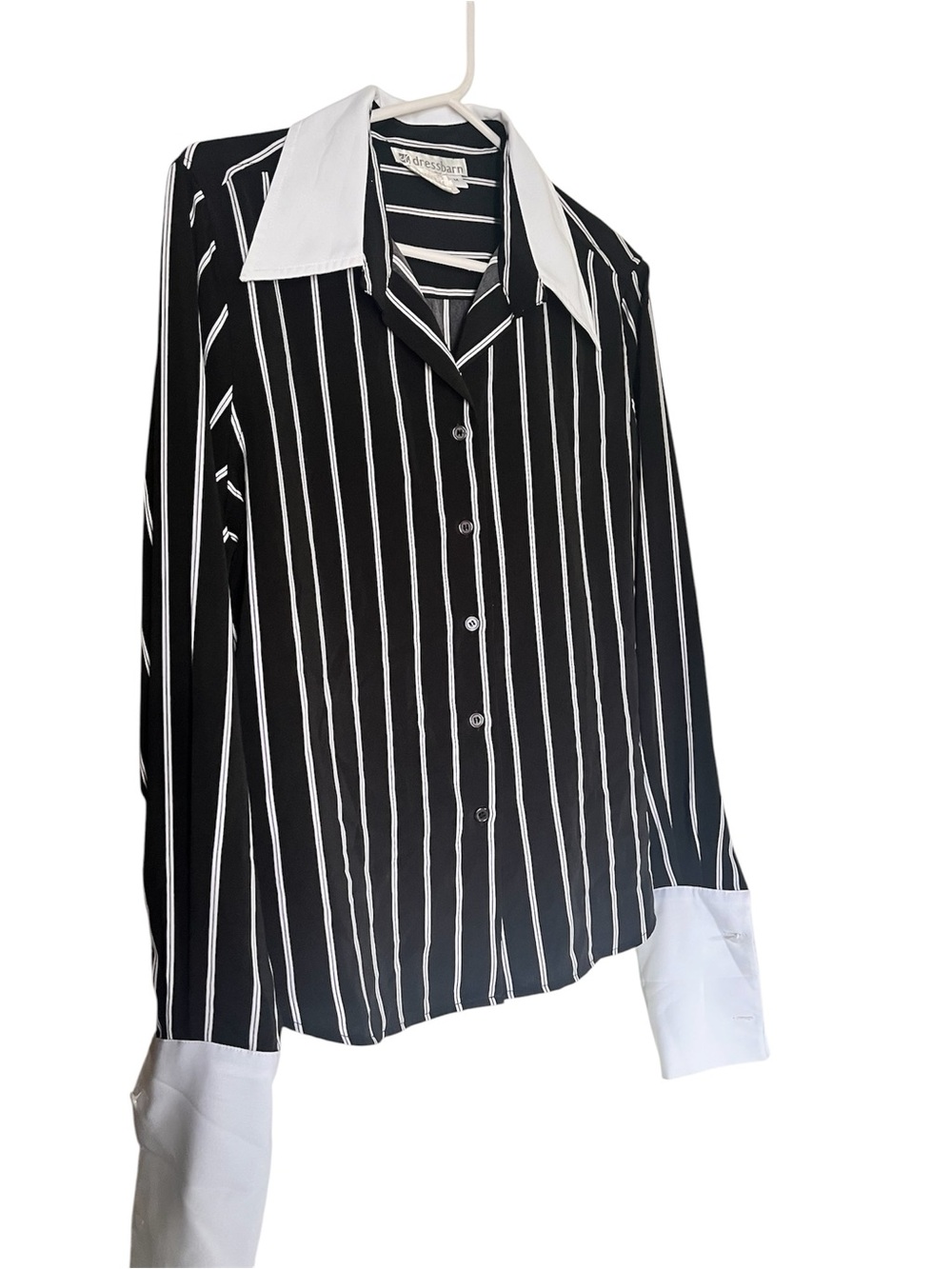 Dressbarn Black & White Vertical Stripe Women's Shirt with Contrast Collar L314
